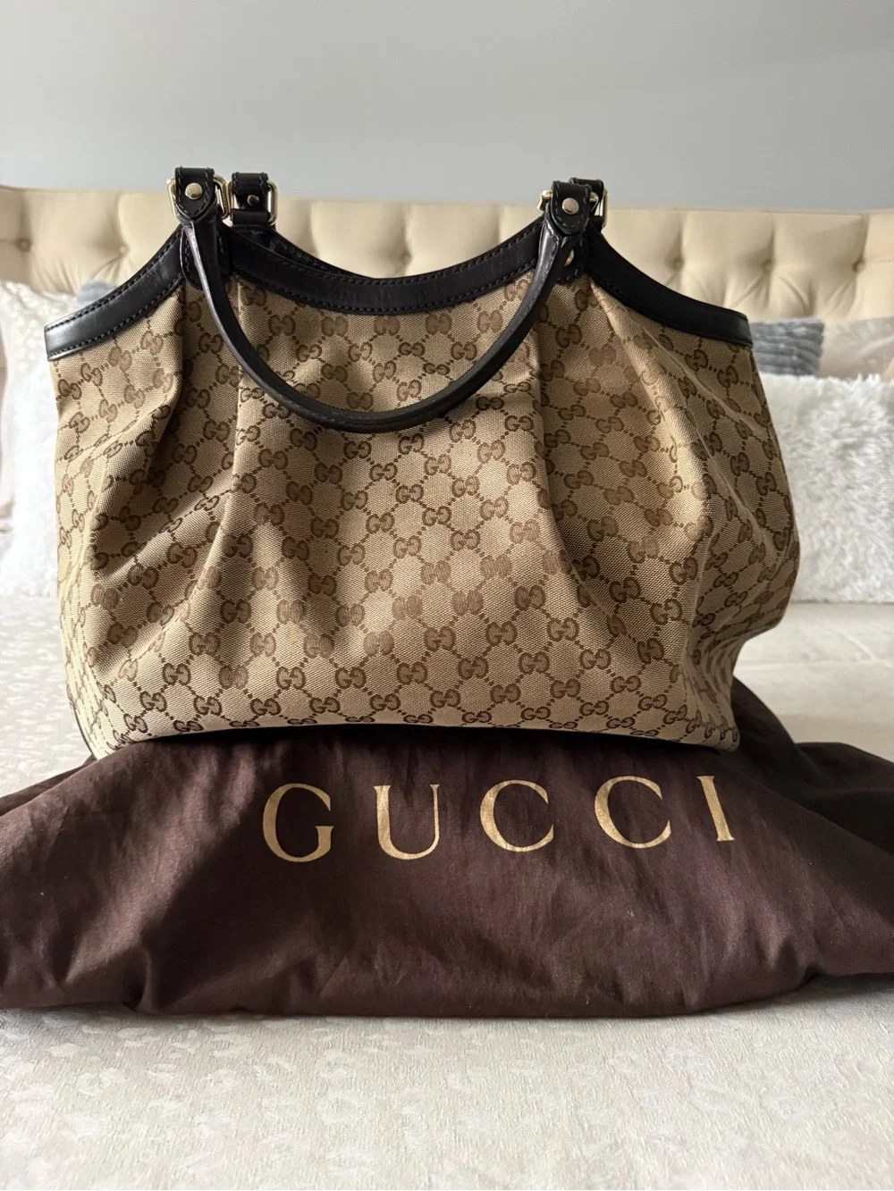 Gucci Beige Brown GG Canvas Shoulder Bag with Dark Brown Leather
